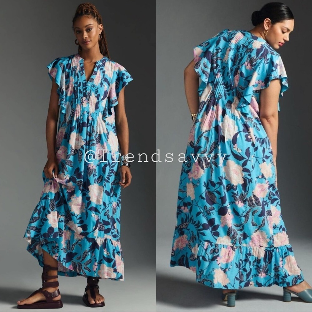 Anthropologie Maeve Cassandra Blue Floral Ruffled Maxi Dress Resort Boho Chic XS